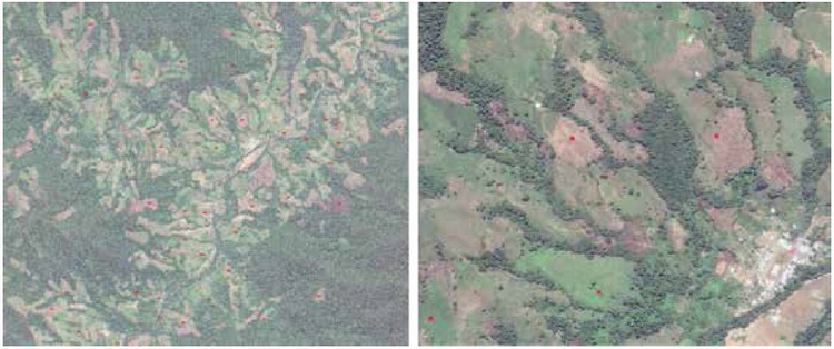 Imagen Worldview en verdadero color con puntos de muestra de confrontacin en rojo